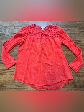 J.Crew Coral Red Crochet Lace Blouse Size 4 Boho Cotton Top